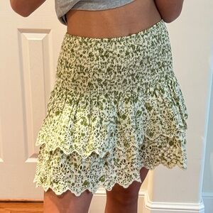 Smocked Tiered Floral Mini Skirt in Green